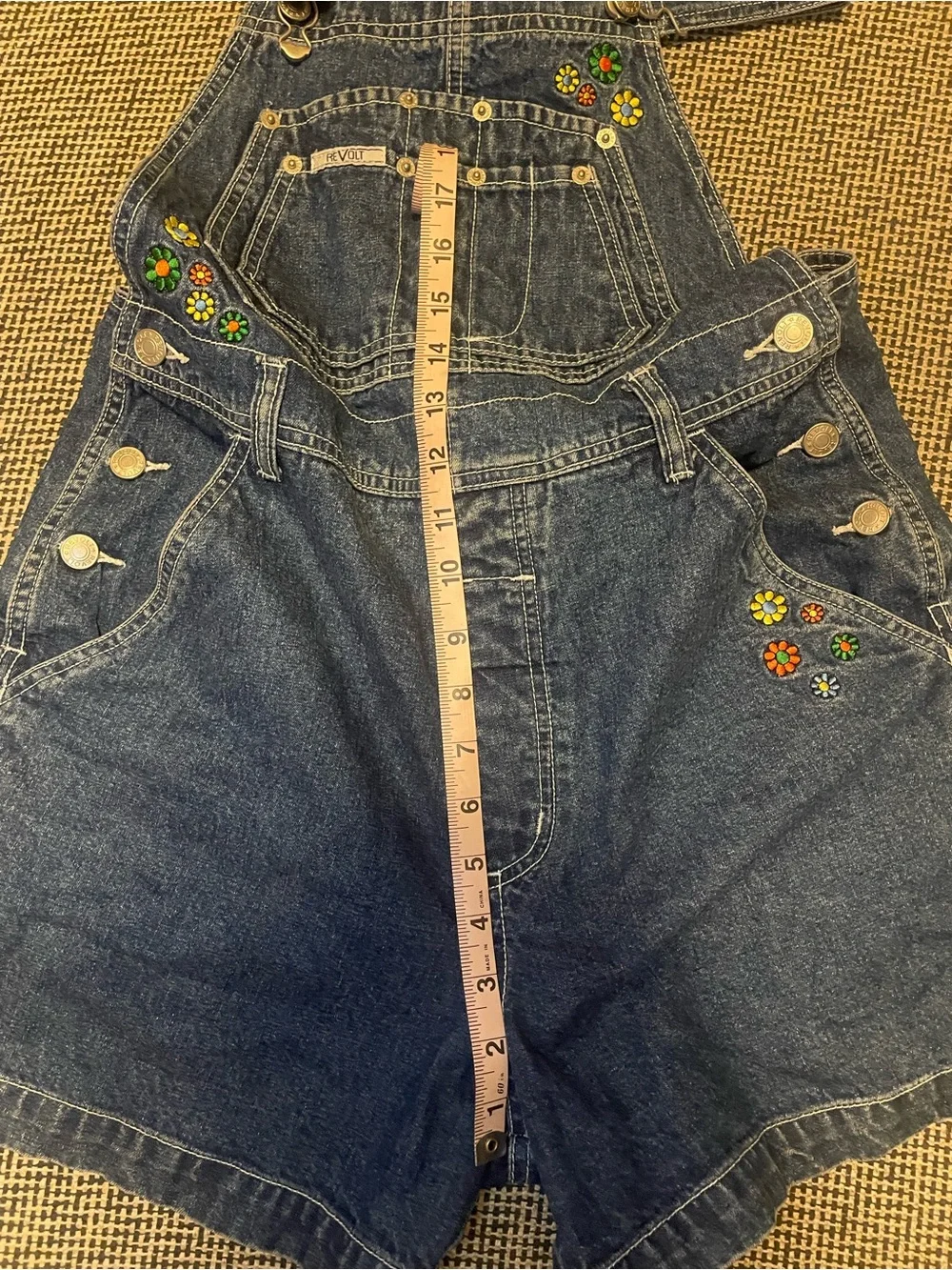 Vintage Revolt Short Denim Floral Overall Romper - Dark Blue - Picture 6 of 6